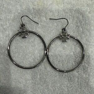 Tory Burch Silver Hoop Earrings with Puzzle Charm